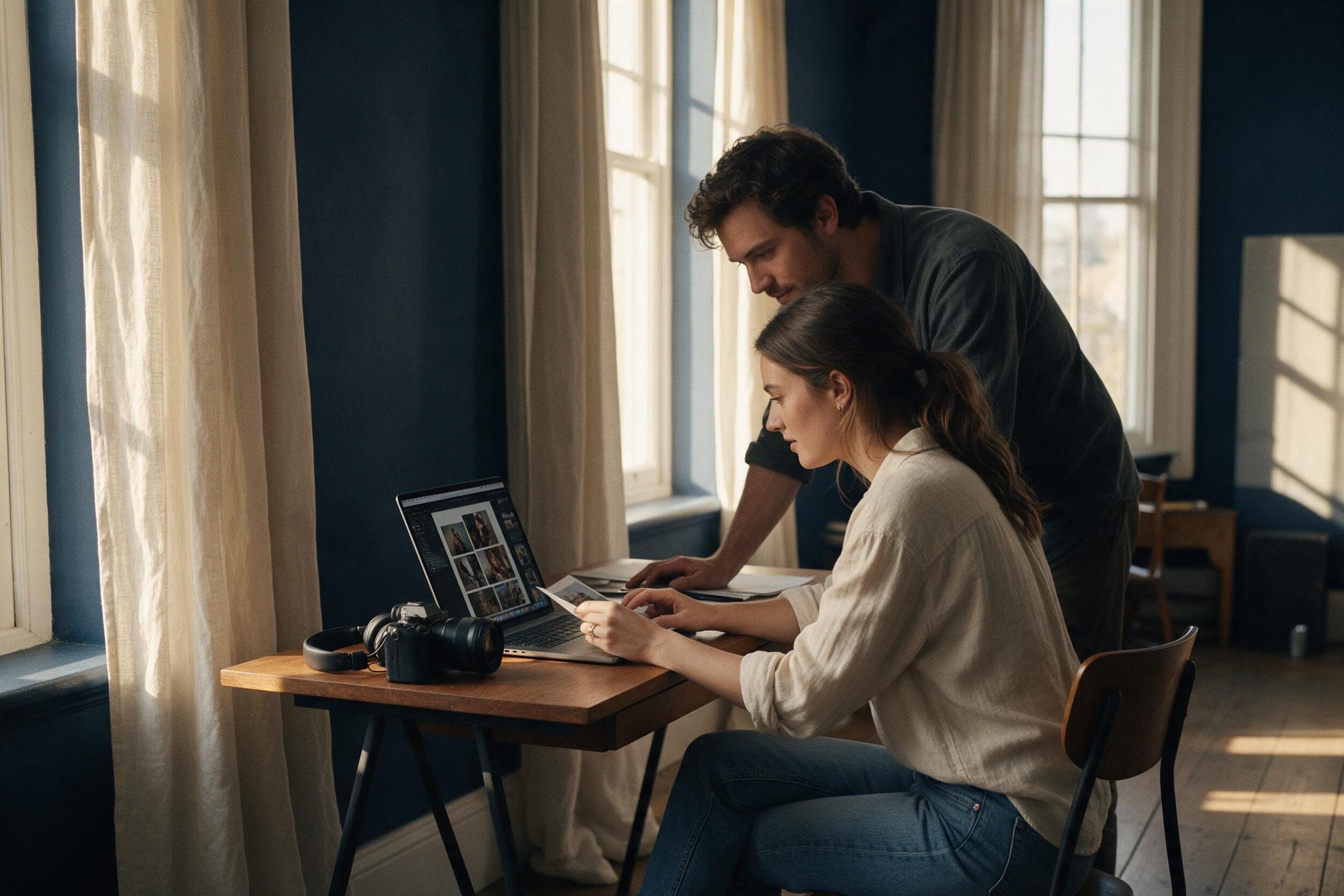 Dos jóvenes revisan fotografías en un portátil en un estudio con luz de atardecer
